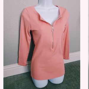 Long sleeve lowcut zipper sexy fitted shirt top